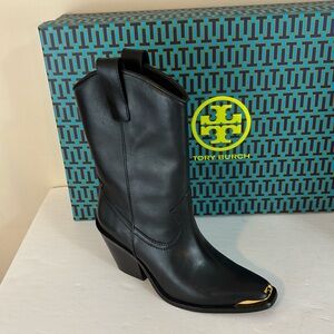 Tory Burch Brand New Black Leather Western Mid Calf Boot Metal T Detail NWT  8